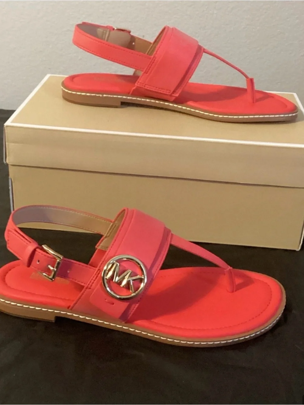 Michael Kors Carmen Cotton Candy Pink  Leather Thong Sandals with MK Emblem